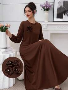 Al Najma Váy suông họa tiết hoa 3D thanh lịch, tay dài, viền xòe - màu nâu - Xem 3