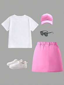 SHEIN Explorewe 两件套休闲时尚春秋冬女童短袖连衣裙套装，可爱小熊和埃菲尔铁塔图案设计，短袖圆领T恤搭配淡粉色工装裙，舒适的短袖圆领T恤和打底裤，适合春夏穿着，时尚休闲，街头风，户外野餐，上学，聚会，礼物 - 彩色 - 查看 2