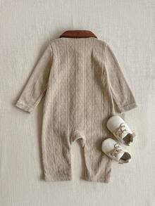 PrepCrw 1pc Baby Girls' Elegant Beige Ribbed Jumpsuit,Autumn Casual Matching Family Brown Collar Vintage Outfit,Versatile Cute Jumpsuit For Outings,Holiday - Khaki - View 2