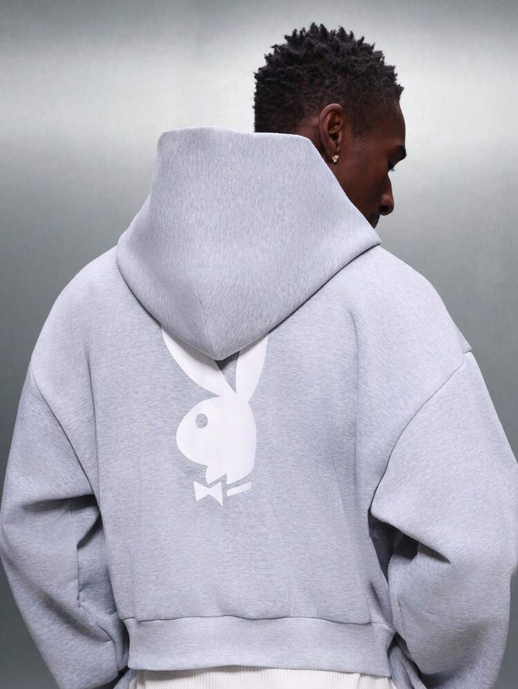 PLAYBOY X SUMWON Bunny Logo Crop Fit Pullover Hoodie With Centre Pocket Long Sleeve Heathered Comfortable Casual Streetwear Winter Fall