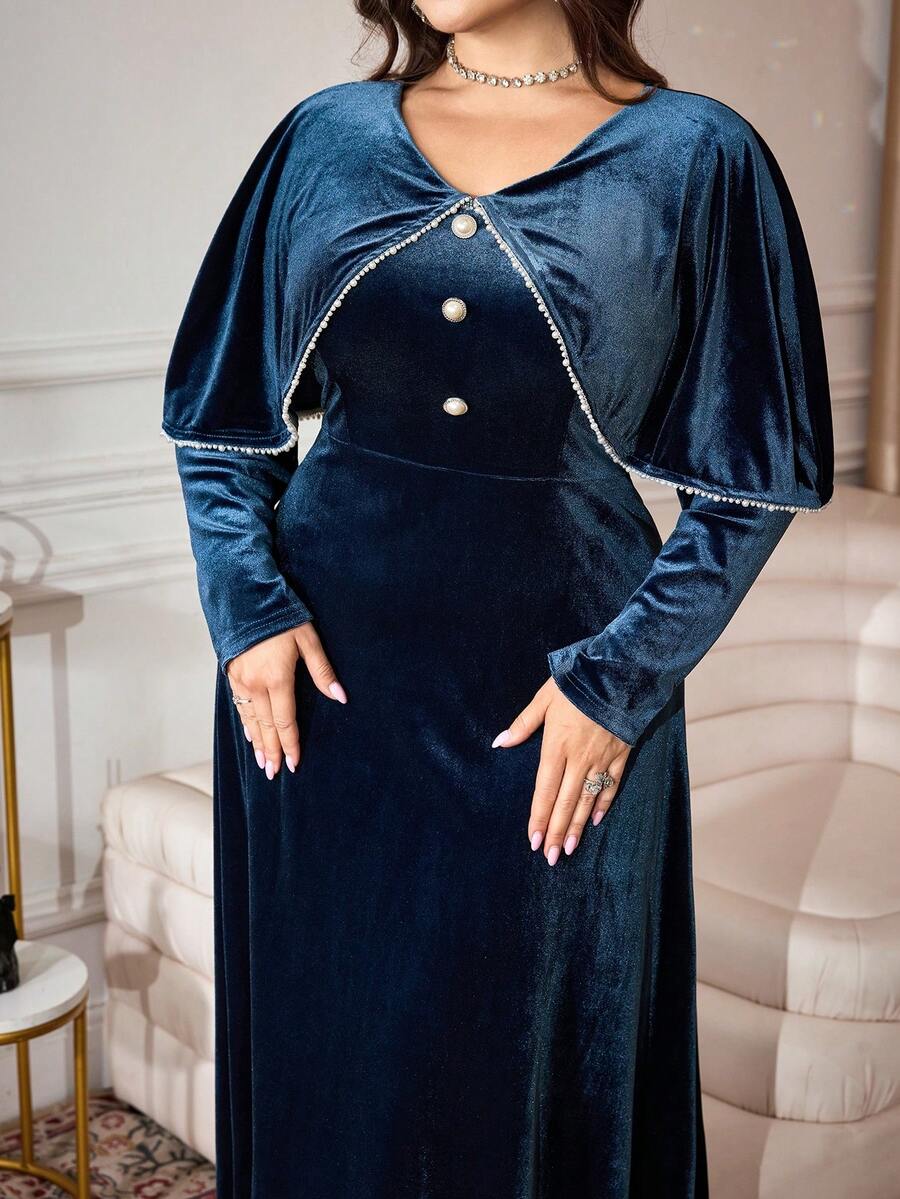 Seusyu Elegant Luxury Plus Size Women's Dress With Velvet, Pearl Chain ...