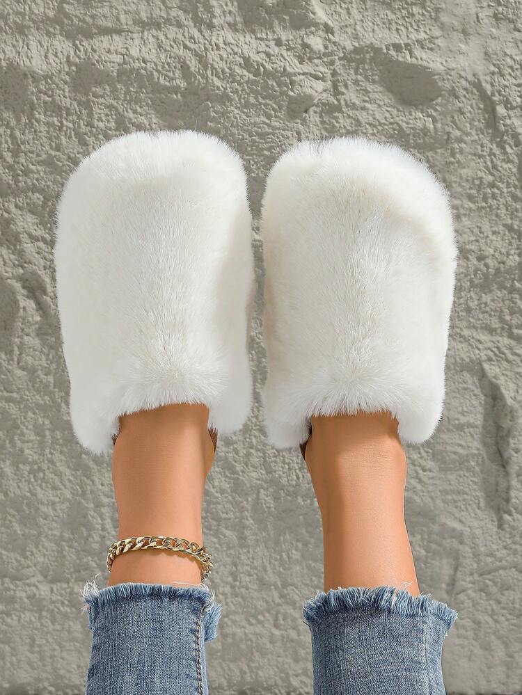 White Plush Flat Heel Round Toe Slippers