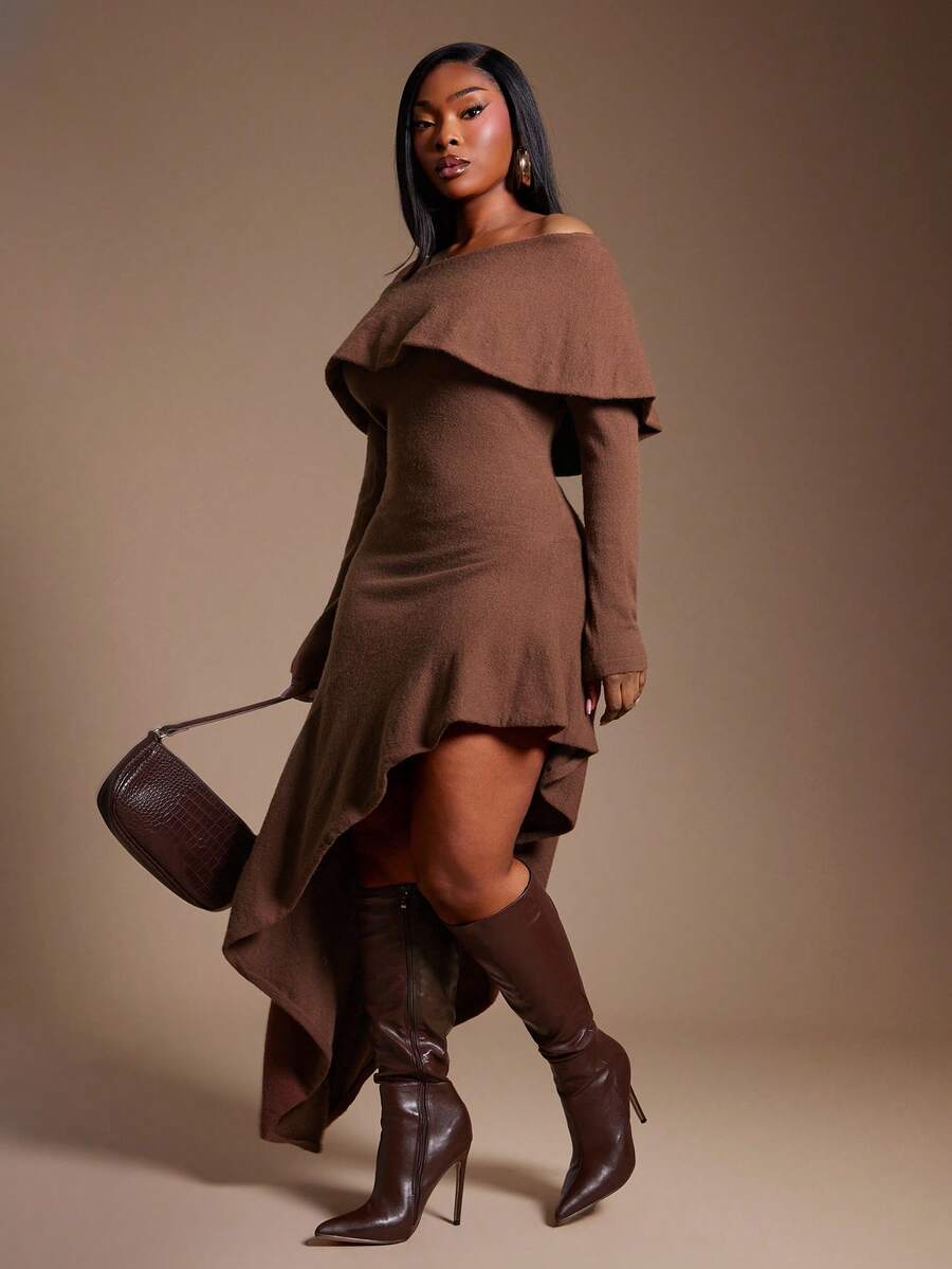 SHEIN SXY Đầm ôm sát tay dài cổ bẻ lệch vai màu nâu mới dành cho nữ cỡ lớn, mùa thu/đông - Màu Khaki - Xem 1