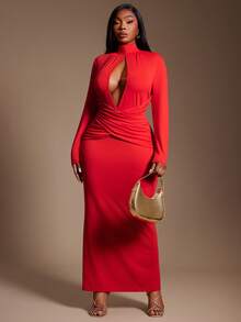 SHEIN SXY Abito attillato con collo alto, taglio e arricciatura, stile urbano resort per Capodanno cinese, adatto per uso quotidiano, feste, concerti, taglie forti 2025 - Rosso - Visualizzare 5