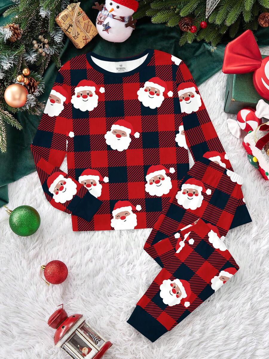 Tween Boy Casual Minimalist Fashion Warm & Comfortable Classic Christmas Tree Pattern, Santa Claus Pattern, Snug Fit Loungewear - Multicolor - View 1