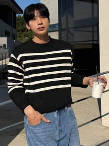 DAZY Men's Round Neck Black Striped Sweater, Autumn - Black - View 4