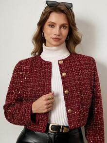 Zelara Plus Size Women's Red Tweed Metal Single-Breasted Jacket, Autumn/Winter Winter Jacket For Women Women's Winter Coat Winter Cozy Fall And Winter For Women Coat Fall Winter 2025 Women Christmas For Women New Year Look Red Top Sparkly Top Elegant New Year Women New Year Look Christmas For Women Christmas Party - Red - View 7