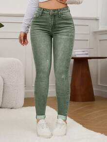 SHEIN EZwear 女式修身百搭休闲春季高腰破洞紧身牛仔裤 - 綠色 - 查看 3