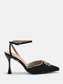 Đồ trang trí Rhinestone Pointed Toe Giày Cao Gót Buộc dây mắt cá chân - màu đen - Xem 2