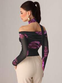 Modelyn Áo thun lưới mỏng dệt kim in ruy băng gợi cảm mùa thu - màu đen - Xem 2