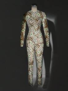 SHEIN Mesh US Dollar Full Body Print Sheer Jumpsuit,Sage Green,Summer,Sexy,Prom,Rave,High Stretch Mesh Patchwork Jumpsuit For Party&Music Festival - Gold - View 6