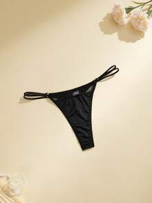 1pc Women's Solid Color Sexy Thin Waist Mesh Splice Thong Panty - Black - View 4