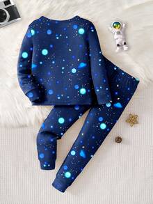 1 Set Young Boy Dinosaur Print Glow-In-The-Dark Star Pattern Tight Fit Long Sleeve Top And Pants Pajama Set, Autumn - White - View 2