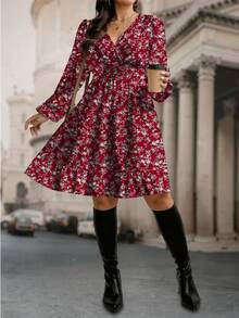 EMERY ROSE Plus Size Women Floral Print Surplice Shirred Lantern Sleeve Cinched Waist Dress - Multicolor - View 4