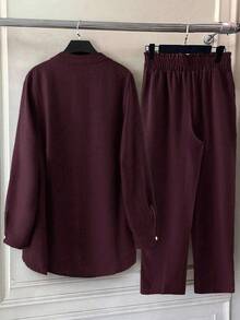 EMERY ROSE Plus Size Women's Solid Color Linen Blend Round Neck Lace Patchwork Full Button Down Casual Comfortable Regular Shirt + Elastic Waist Loose Pants 2 Pieces Set - Burgundy - View 2