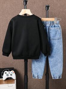 SHEIN 男童字母印花圆领抓绒卫衣和牛仔裤套装 - 黑色 - 查看 2