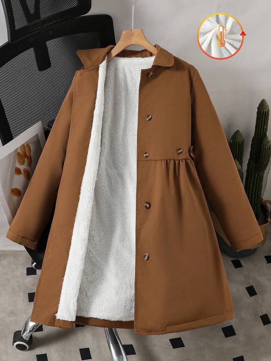 SHEIN 女童连帽防风外套,保暖内衬,抽绳腰带设计,经典宽松版型,适合休闲穿着、通勤、户外活动以及秋冬季节穿着。 - 棕色 - 查看 1