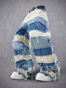 Manfinity Denimwave 男士街头时尚休闲印花喇叭牛仔裤，男士水钻喇叭裤，圣诞节 - 藍色 - 查看 1