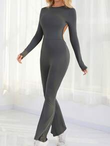 INAWLY Women's Solid Color Backless Flare Jumpsuit Fall Cloth For Women - Grey - View 2