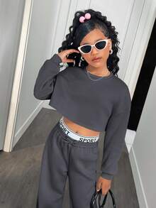 SHEIN 少女休闲宽松落肩卫衣和褶皱字母腰带运动裤套装，适合日常、居家、上学穿着。 - 深灰色 - 查看 7