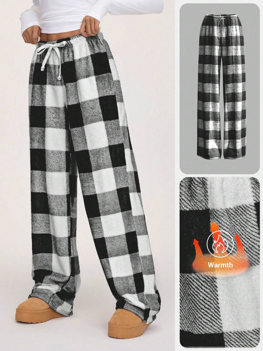 SHEIN BASICS Quần dài lưng thấp kẻ caro dệt kim đơn giản cho nữ - Đen và trắng - Xem 1