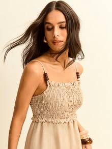 Daynim Solid Frill Trim Cami Dress - Light Beige - View 4