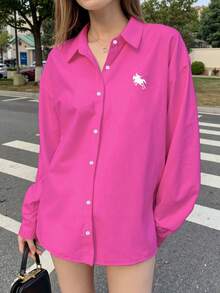 INAWLY Women's Casual Loose Fit Long Sleeve Shirt - Hot Pink - View 4