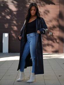 SAYEHFBABY Lapel Neck Double Breasted Belted PU Leather Coat In Fall/Winter - Black - View 6