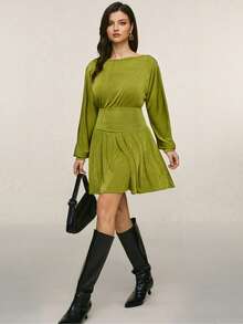 Poéselle Robe mini à la mode à manches longues, dos nu et col bateau, couleur unie, pour femme - Vert - Voir 4