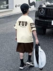 SHEIN Mirajuku 2pcs Male Teen Summer Casual Outdoor Letter Print Round Neck Short Sleeve T-Shirt And Outdoor Sports Shorts Set Young Boys Clothing 8 Youth Boys Set Outfit Set Teen Boys Outfits Youth Boy Clothes 10 Summer Holiday