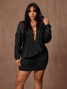 Rustia Plus Size Fashionable Sexy Deep V Bodycon Dress - Black - View 3