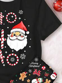 少女休闲圣诞可爱趣味卡通圣诞老人、圣诞老人、驯鹿、姜饼人、雪人、圣诞树、铃铛、拐杖糖、雪花印花黑色节日短袖圆领T恤和打底裤睡衣套装，修身款 - 彩色 - 查看 5