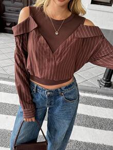 SHEIN Unity 2025秋冬新款露肩系领条纹短袖女式衬衫，咖啡棕色条纹百搭通勤风露肩短款上衣，适合户外、秋冬、户外通勤穿着。 - 咖啡棕 - 查看 6