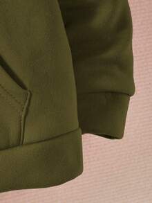SHEIN Sparklyn 青少年男童纯色长袖连帽拉链休闲卫衣 - 軍綠色 - 查看 3