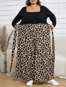 SHEIN CURVE+ 复古豹纹撞色长袖方领系带大码阔腿连体裤，2026秋冬/新年款