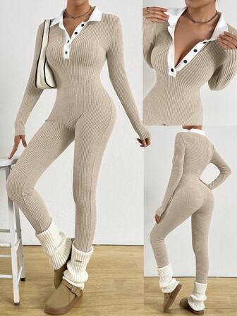 Gloray Dam enfärgad ribbad stickad polotröja med lång ärm, sportiga och avslappnade kompressionsleggings, lämplig för vår och höst