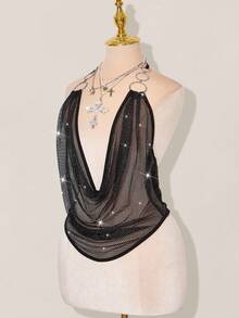 SHEIN ICON 女士亮面网纱深V领露背吊带背心 - 黑色 - 查看 7