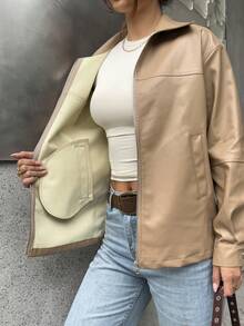 SHEIN Unity Jaket Wanita Lengan Panjang Polos Minimalis Bahan PU untuk Sehari-hari - Khaki - View 8