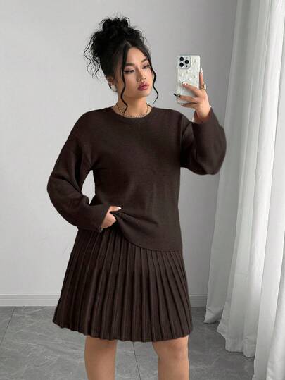 Elenzga Solid Color Crew Neck Knit Top + Pleated Skirt Minimalist Plus Size Sweater Dress Set Plus Size Pleated Skirt Plus Size Brown Sweater Earthy Plus Size Plus Size Winter Outfit