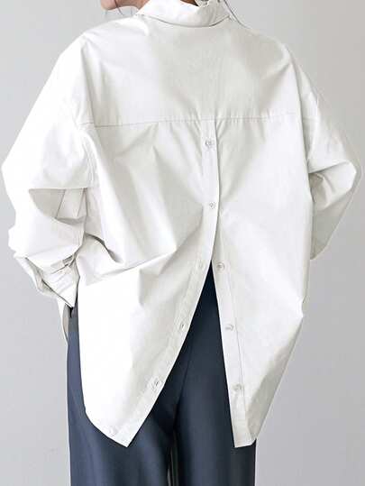 Dazy-Less Women's Casual Business Solid Color Drop Shoulder Long Sleeve Single-Breasted Shirt