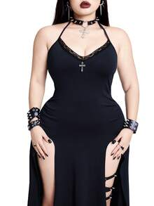 Whyspr Plus Size Sexy Punk High Slit Halter Backless Dress - Navy Blue - View 6