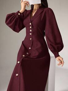 Heiryn Women's Fashion Solid Color Lapel NeckWaist Dress,Dresses For Women Elegant - Burgundy - View 5