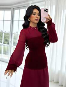 Rafferiza 女士秋冬酒红色丝绒两件套珍珠纽扣高领灯笼袖收腰及踝连衣裙，适合日常穿着、婚礼、晚宴、通勤、毕业派对、节日、假期、约会、聚会、万圣节、圣诞节、新年、感恩节等场合。 - 酒紅色 - 查看 6