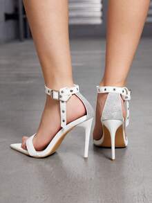Fashionable And Sexy Pointed Toe High Heel Sandals With Rhinestone, Buckle Strap And Open Toe Design - White - View 2