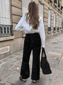 SHEIN PariChic Women's High Waist Wide Leg Sequin Pants, Autumn - Black - View 2