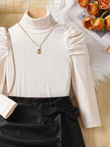 女童优雅高领泡泡袖上衣和高腰A字裙两件套，含贝雷帽 - 杏色 - 查看 3