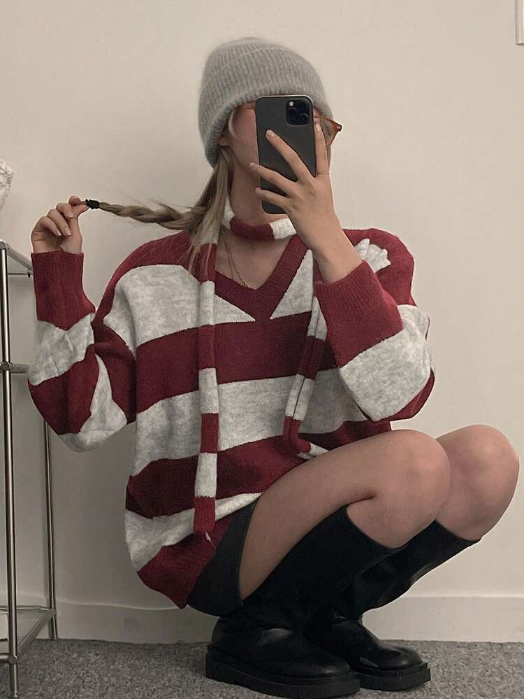 Women's Patchwork Contrast Stripe V-Neck Loose Minimalist Sweater