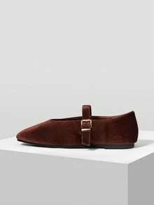 MOTF PREMIUM WOMEN'S VELVET COMMUTING CASUAL COMFORTABLE VERSATILE MARY JANE SQUARE TOE FLAT SHOES - Brown - View 4