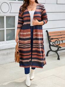 EMERY ROSE Jaqueta Leve Casual Colorblock Listrada Plus Size, Outono - Castanho - Visão 5