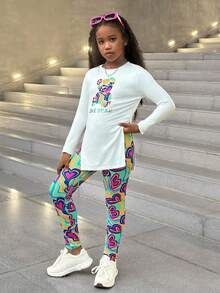 SHEIN Vibrant Long Sleeve Co-Ords For Tween Girls With Fun Letter Print And Colorful Patterns Tween Leggings Set Tween Girl Outfits Kids Long Sleeve Shirt Outfit Kids Heart Leggings Fall Winter - Multicolor - View 6